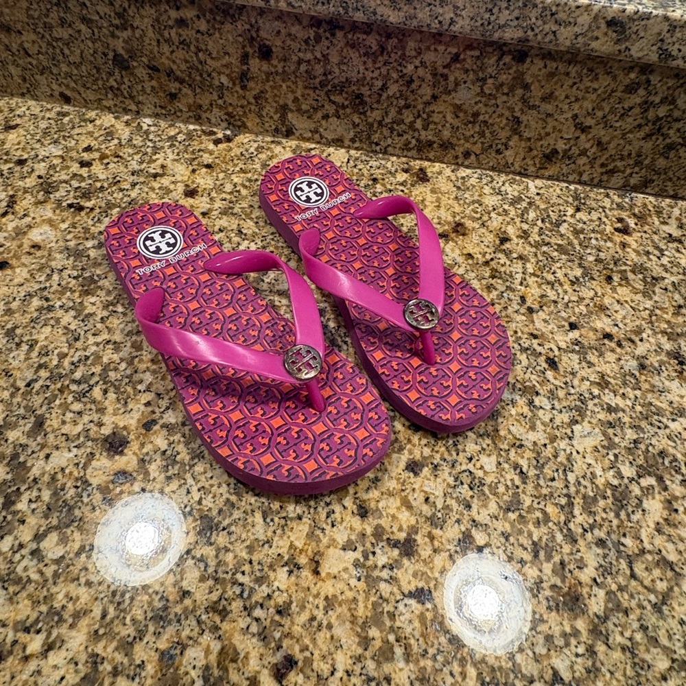 Tory Burch Pink Purple Logo Flip Flop Wedges